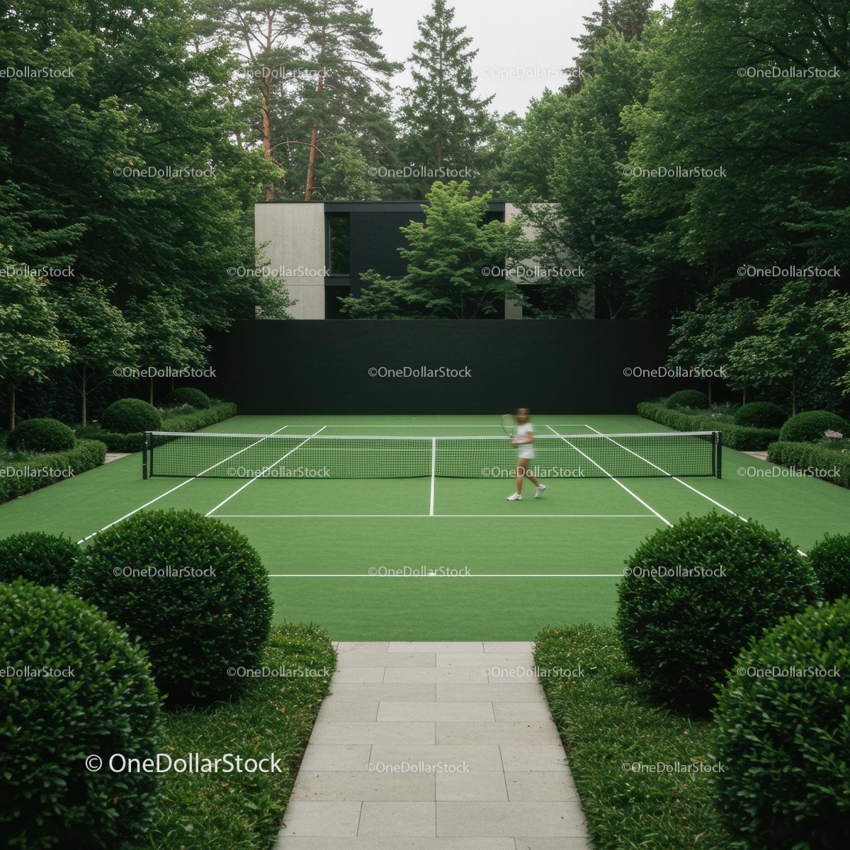 Modern Tennis Court Surrounded by Lush Greenery
