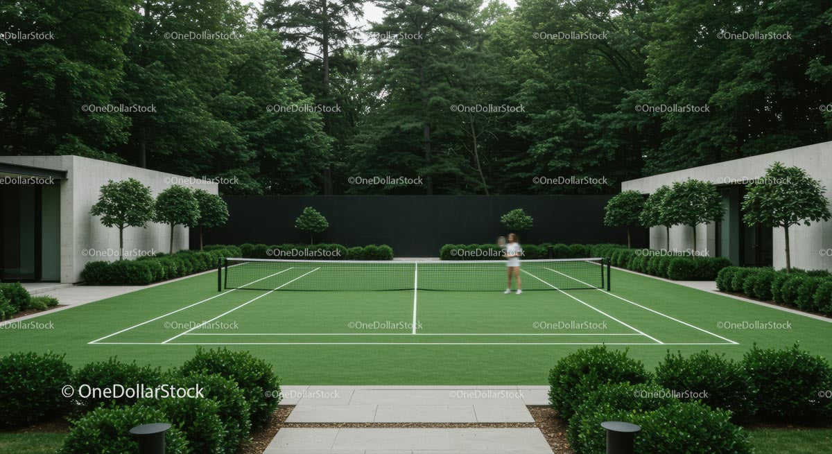 Modern Tennis Court Amidst Lush Greenery
