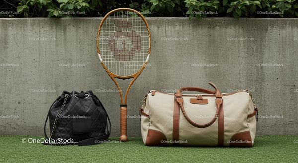 Vintage Tennis Racket with Luxury Handbags Outdoors