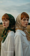 Redhead Twins in Symmetrical Portrait with Headscarves