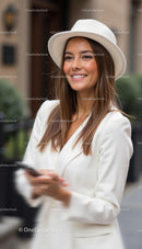 Smiling Woman in Cozy Cardigan at Home Library