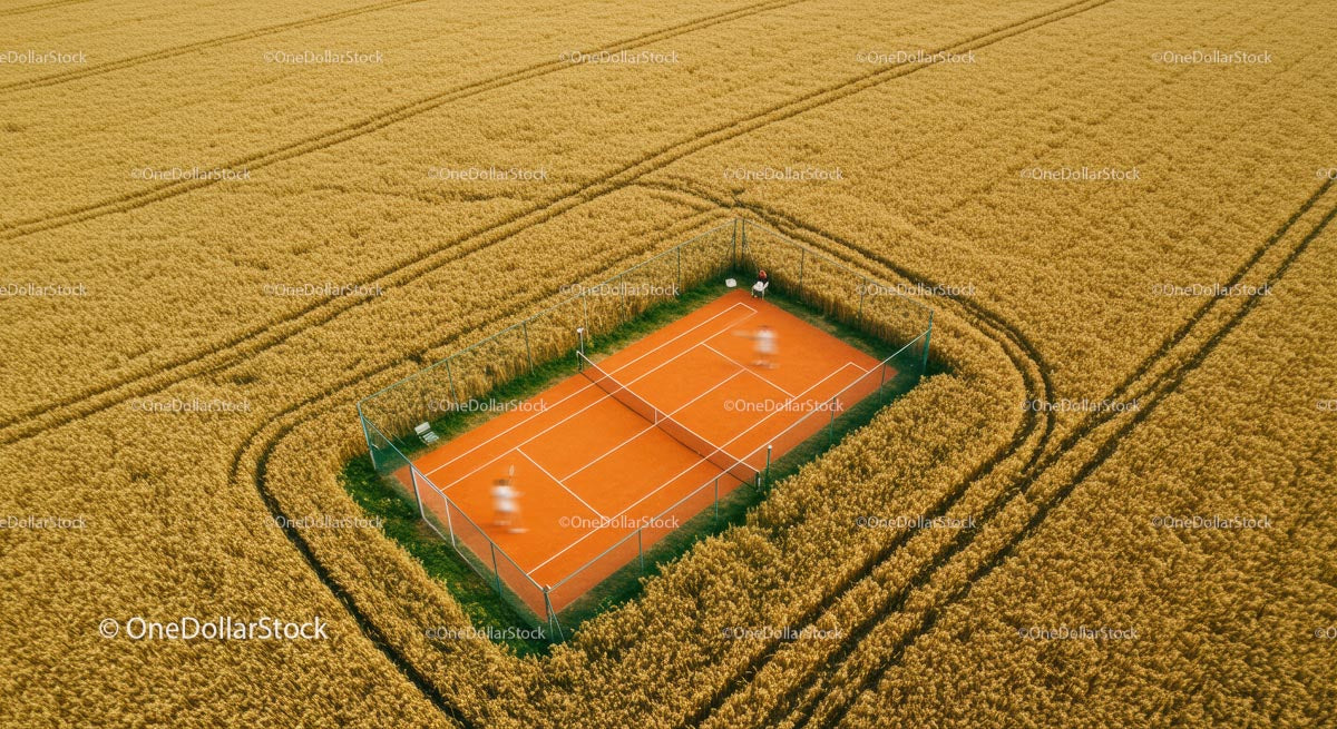Tennis Court Surrounded by Golden Wheat Field