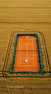 Aerial View of Tennis Court Surrounded by Wheat Field