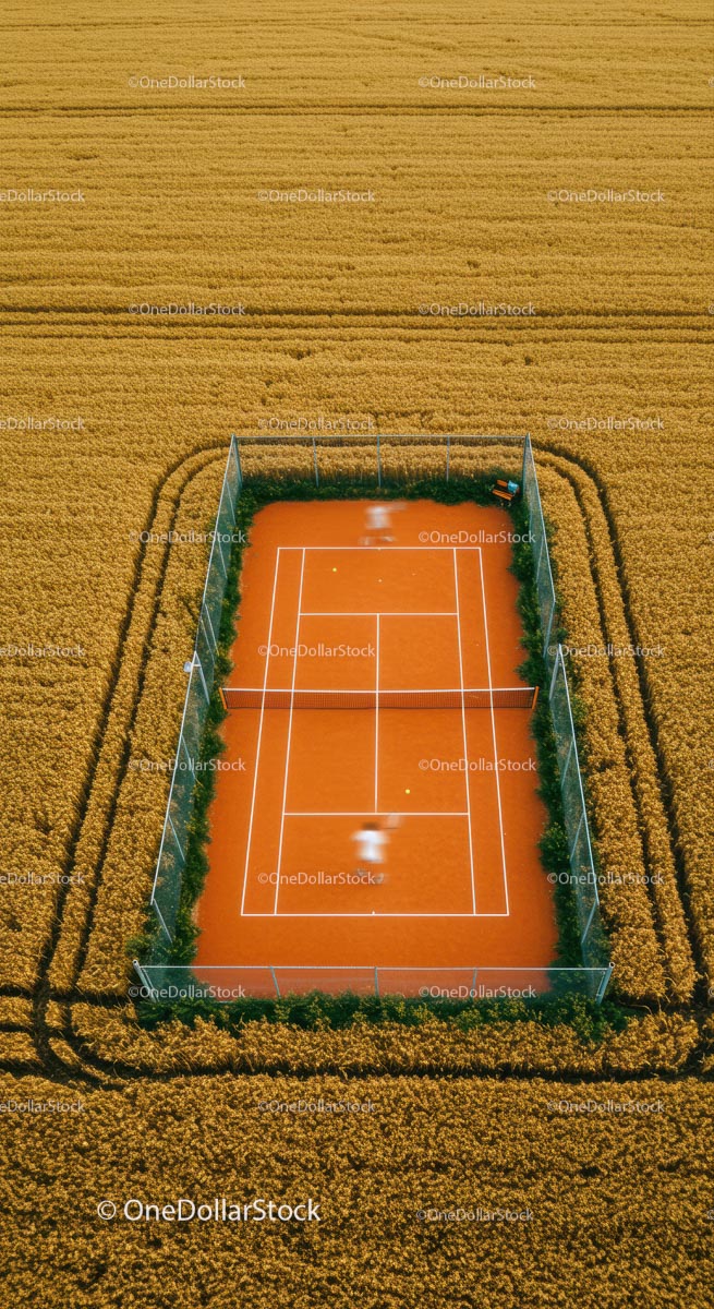 Aerial View of Tennis Court Surrounded by Wheat Field