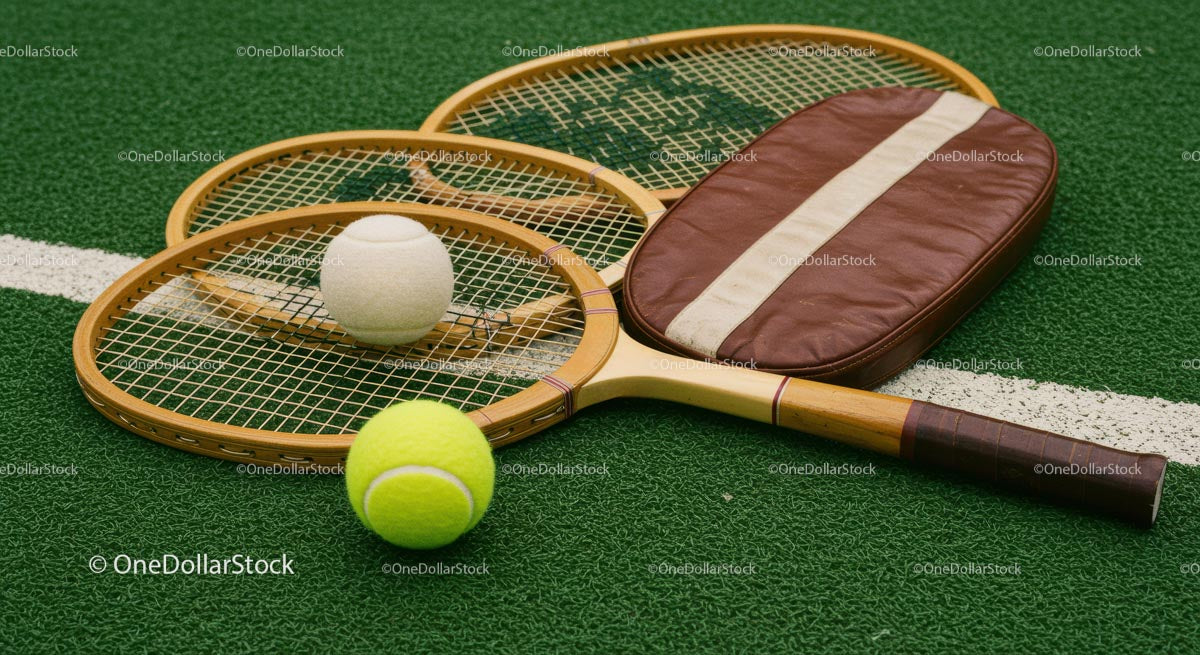 Vintage Wooden Tennis Rackets on Green Court