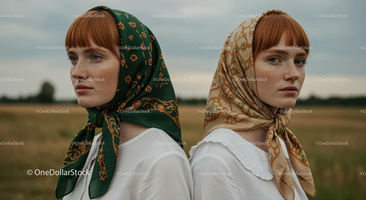 Twin Redheads in Fashionable Headscarves in Countryside