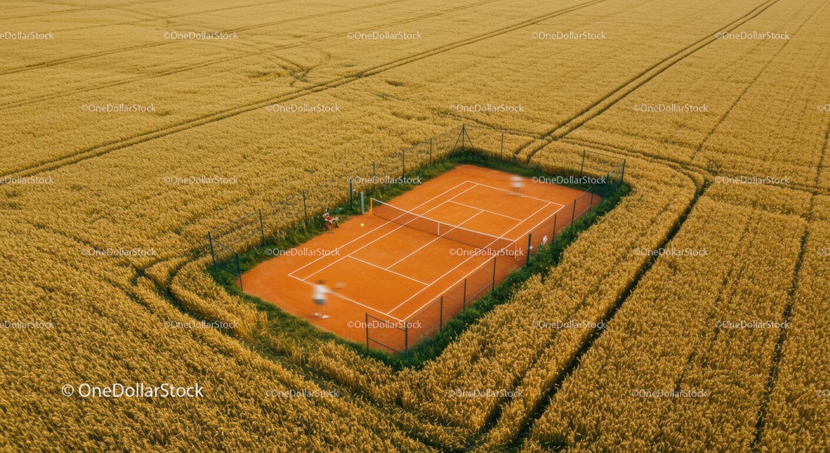 Aerial View of Tennis Court in Vast Wheat Field Landscape