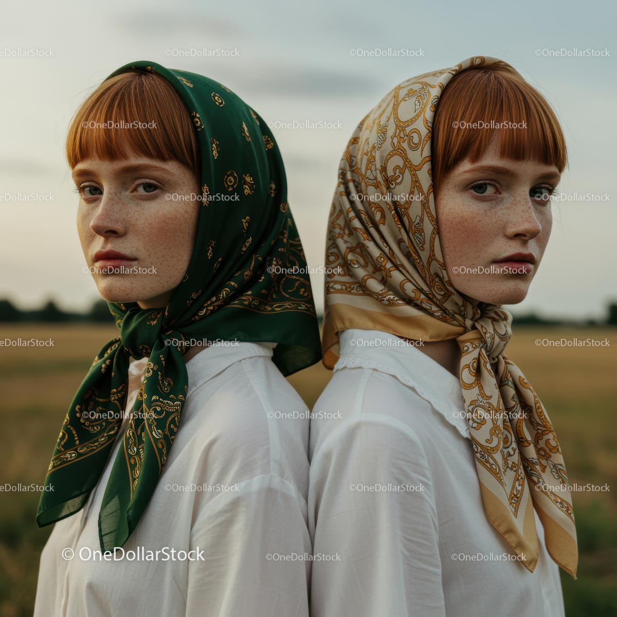 Twin Sisters in Colorful Headscarves at Sunset