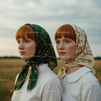 Two Redhead Women in Headscarves in Rural Landscape