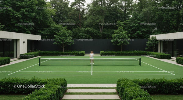 Luxury Tennis Court at Modern Home Surrounded by Lush Greenery