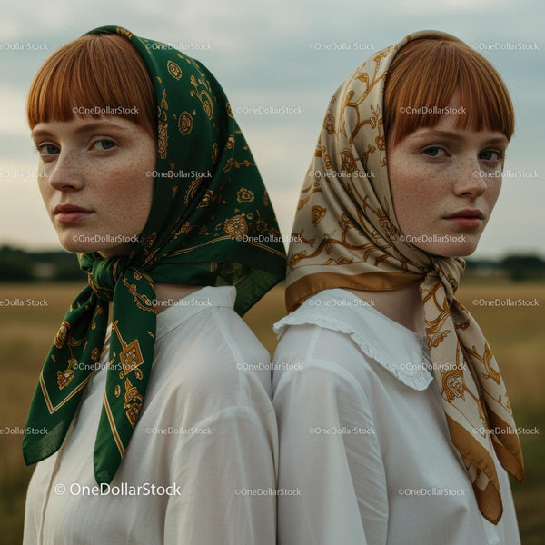 Red-Haired Twins with Vintage Scarves in Countryside