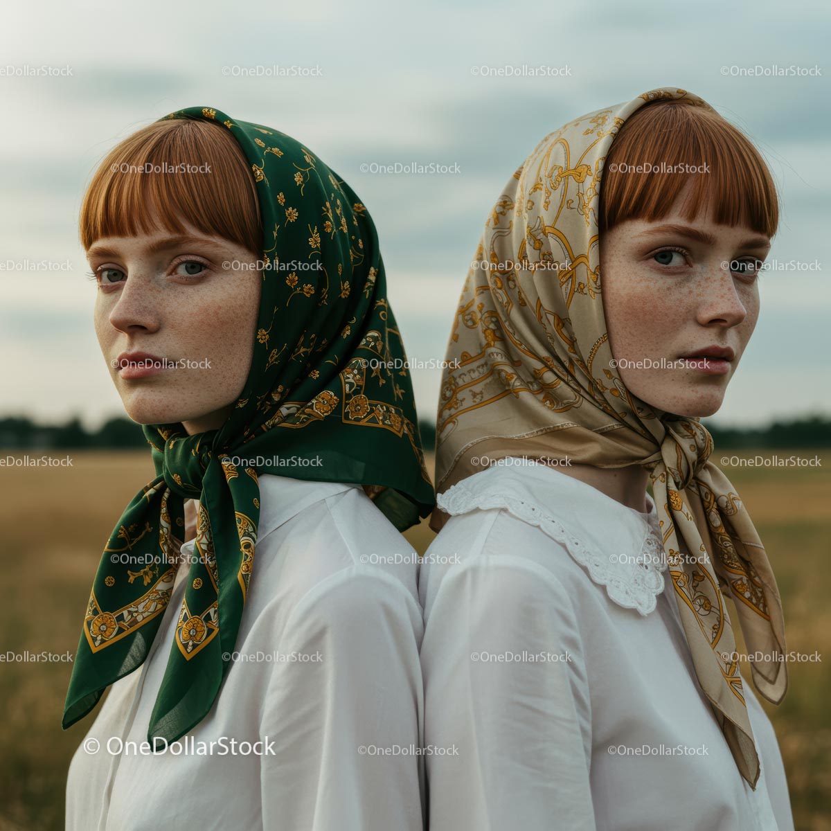 Red-Haired Twins in Vintage Headscarves and Rural Backdrop