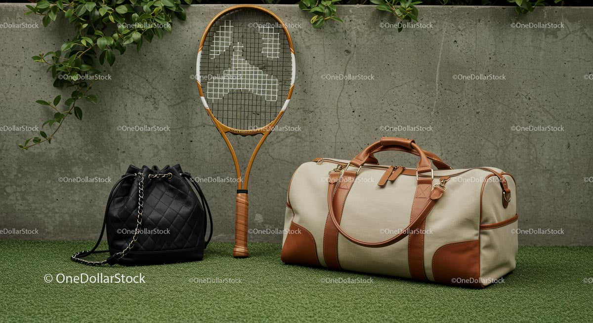 Elegant Tennis Racket and Luxury Bags on Green Grass