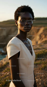 Elegant Woman in Sunlit Landscape by the Cliffs