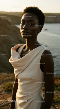 Elegant Woman in a Stylish Dress by the Coastline at Sunset