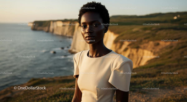 Elegant Woman Posing by Majestic Coastal Cliffs at Sunset
