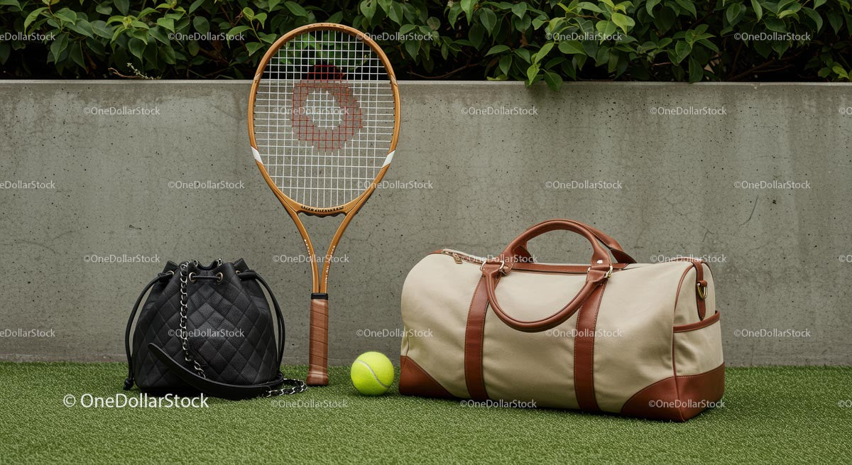 Tennis Racket and Bags Against Concrete Wall with Greenery