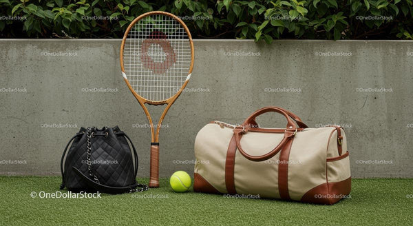 Tennis Racket and Bags Against Concrete Wall with Greenery