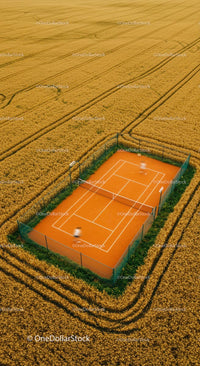 Aerial View of Tennis Court in Golden Wheat Field
