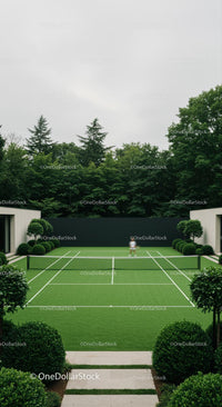Modern Tennis Court Surrounded by Lush Greenery