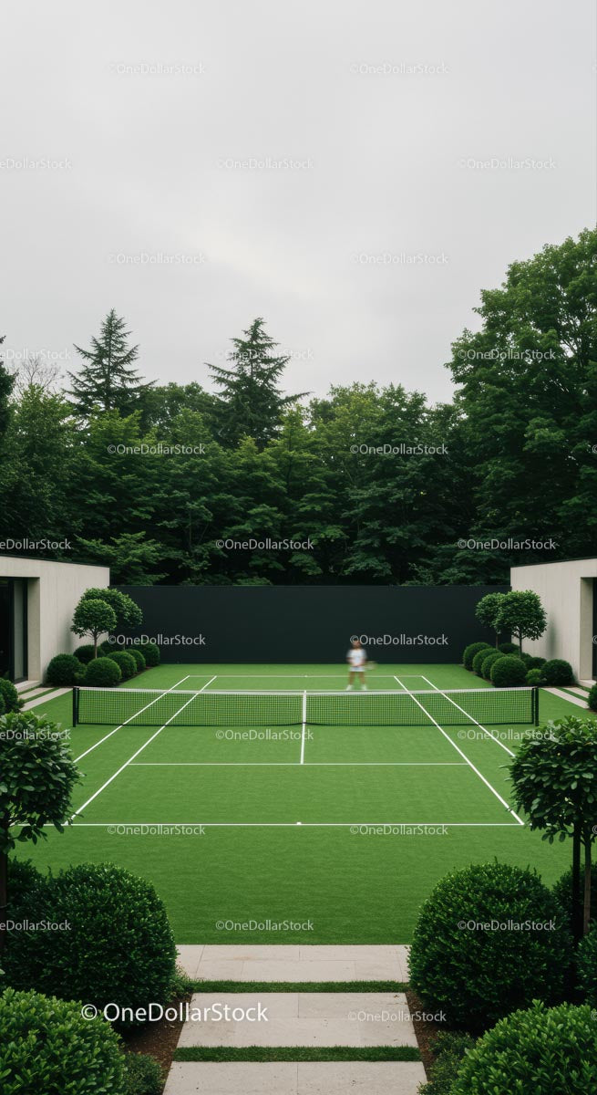 Modern Tennis Court Surrounded by Lush Greenery