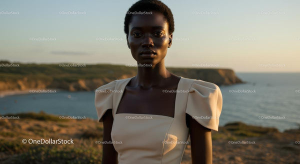 Elegant Woman Posing at Sunset by the Ocean