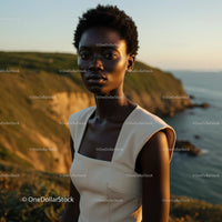 Woman at Sunset by Cliffs Overlooking the Ocean