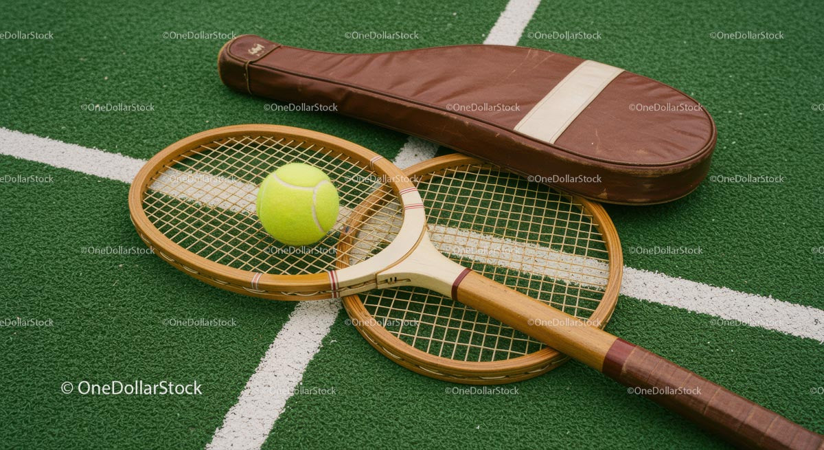 Vintage Wooden Tennis Racket on Green Court
