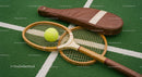 Vintage Wooden Tennis Racket on Green Court