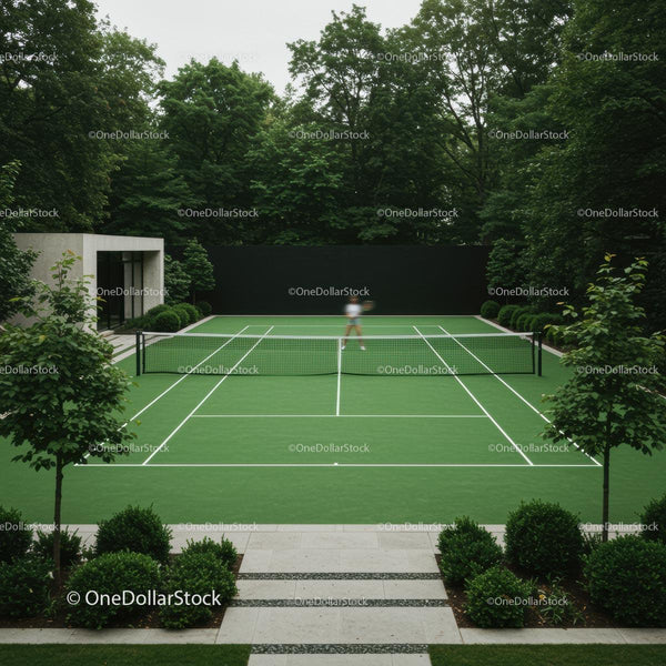 Lush Green Tennis Court in a Tranquil Garden Setting