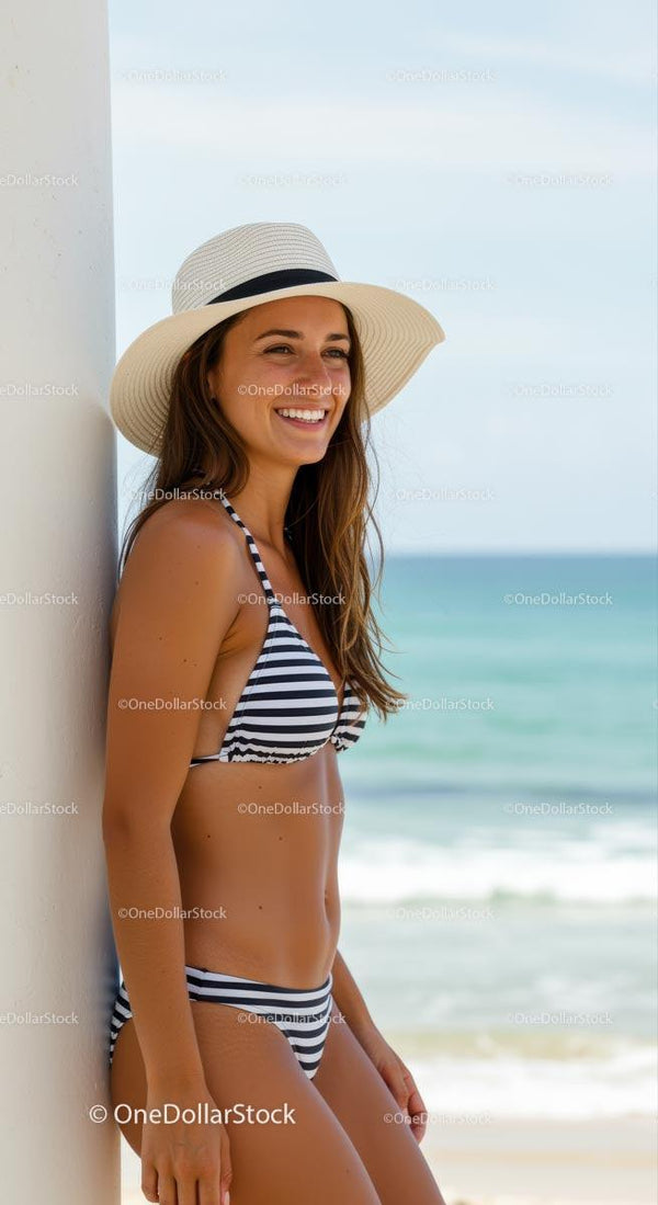 Smiling Woman in Striped Bikini Enjoying a Sunny Beach Day