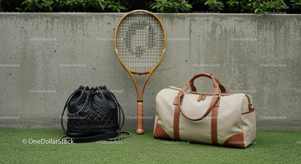 Tennis Racket and Elegant Travel Bags on Green Grass