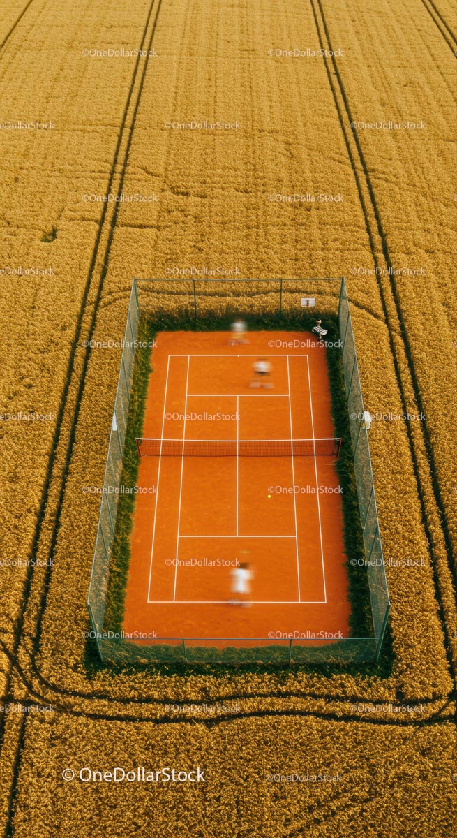 Aerial View of Tennis Court Amidst Golden Wheat Fields