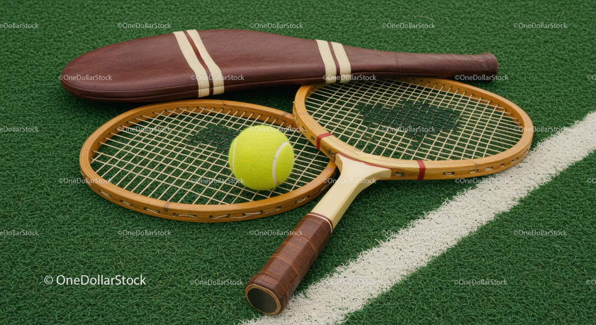 Vintage Wooden Tennis Rackets on Green Court