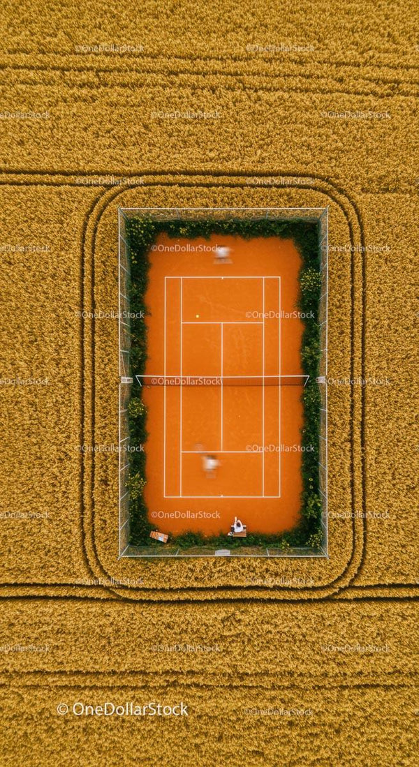 Aerial View of Tennis Court in Wheat Field