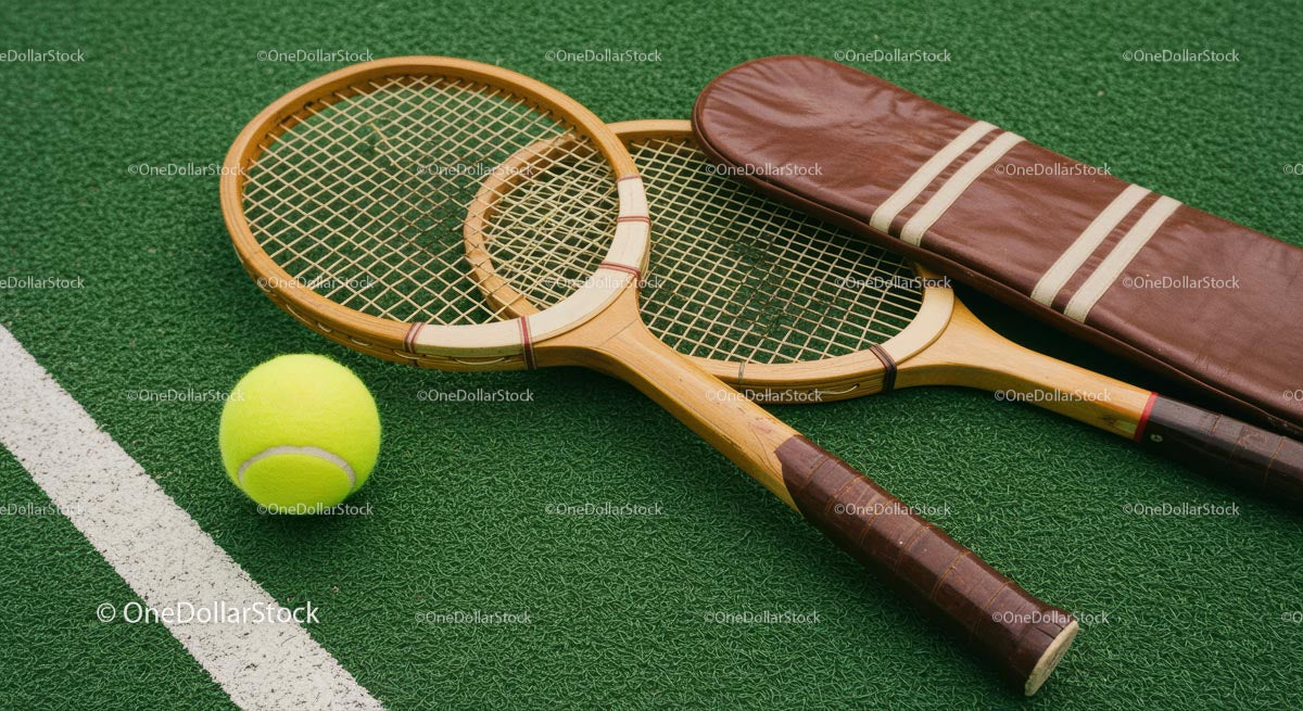 Vintage Wooden Tennis Rack and Ball on Green Court