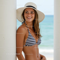 Smiling Woman in Striped Bikini on Beach Vacation