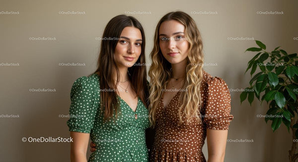 Two Young Women in Polka Dot Dresses Indoors