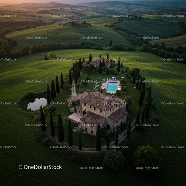 Aerial View of a Tuscan Villa Amid Rolling Hills at Sunset