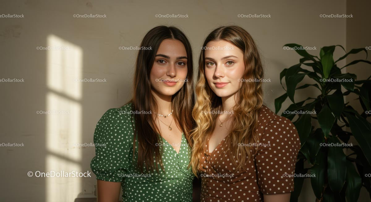 Two Women in Polka Dot Dresses with Natural Light