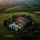 Aerial View of Tuscan Villa with Cypress Trees and Pool