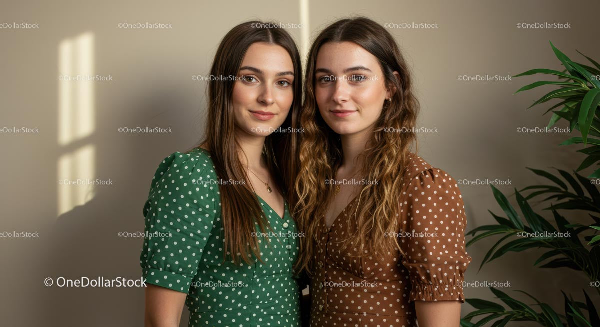 Two Women in Polka Dot Dresses in Relaxed Home Setting