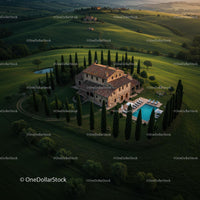 Tuscan Villa Surrounded by Cypress Trees and Rolling Hills