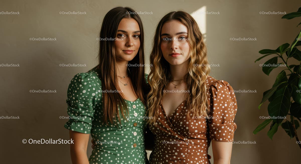 Two Women in Polka Dot Dresses in Soft Natural Light