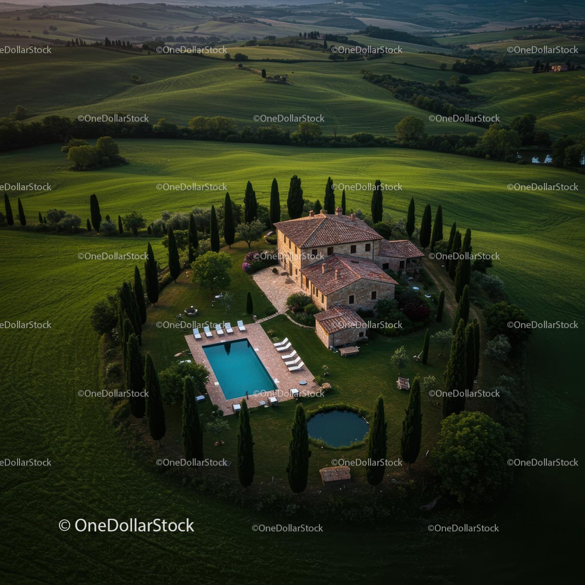 Aerial View of Tuscan Villa with Pool Amid Rolling Hills