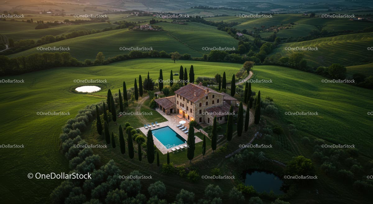 Aerial View of Tuscan Villa Surrounded by Cypress Trees