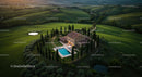 Aerial View of Tuscan Villa Surrounded by Cypress Trees