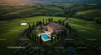 Aerial View of Tuscan Villa Surrounded by Cypress Trees