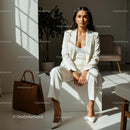 Businesswoman in White Suit with Elegant Handbag in Sunlit Office