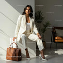 Confident Woman in Elegant White Suit in Modern Office